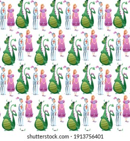 Princess, knight and dragon. Diada de Sant Jordi (the Saint George’s Day). Traditional festival in Catalonia, Spain. Seamless background pattern. Vector illustration  
