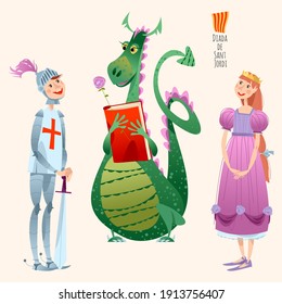 Princess, knight and dragon. Diada de Sant Jordi (the Saint George’s Day). Traditional festival in Catalonia, Spain. Vector illustration  