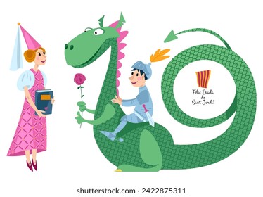 Princess, knight and dragon. Diada de Sant Jordi (the Saint George’s Day). Traditional festival in Catalonia, Spain. Vector illustration  