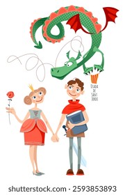 Princess, knight and dragon. Diada de Sant Jordi (the Saint George’s Day). Traditional festival in Catalonia, Spain. Vector illustration  

