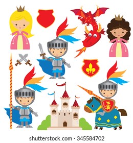 Princess, Knight And Dragon  Vector Illustration