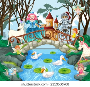 Princess and knight in enchanted garden background illustration