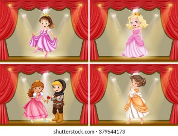 Princess and knight on the stage play illustration