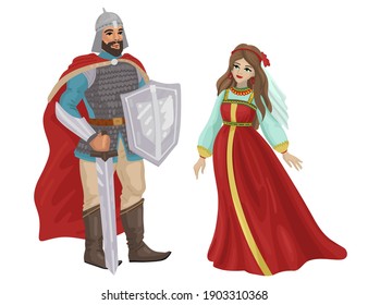 Princess and knight protector. A pair of king and queen, award to the protector, characters of a medieval history or fairy tale. The inhabitants of the kingdom. Vector characters, cartoon flat style