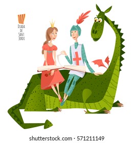 Princess and knight read a book sitting on a back of a dragon.Diada de Sant Jordi ( Saint George's Day). Dia de la rosa (Day of the Rose). Dia del llibre (Day of the Book). Vector illustration. 