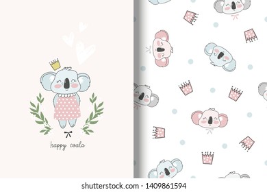 Princess Koala baby jungle animal character. Funny card template and seamless background pattern. Hand drawn surface design vector illustration.