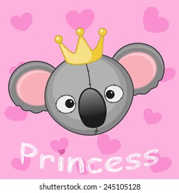 Princess Koala with hearts on a pink background 