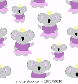 Princess koala in a skirt. seamless pattern. Decorative wallpaper for the nursery in the Scandinavian style. Vector. Suitable for children's clothing, interior design, packaging, printing.