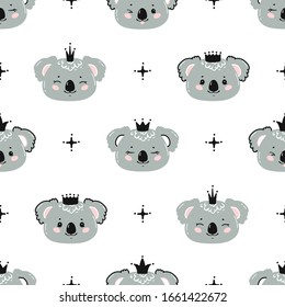 Princess Koalas. Cute Little Baby Koala Bear Face with Crown Seamless Pattern. Kawaii Animal Heads Childish Vector Background for Kids Fashion Design. Print for Nursery Wallpaper, Baby Shower