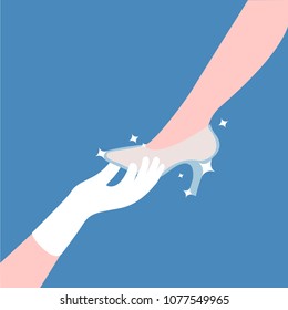 princess leg or foot flat design woman style isolated, cartoon vector legend love story concept & creative. cinderella glass slipper or shoe & prince hand with white glove on blue background. marry me