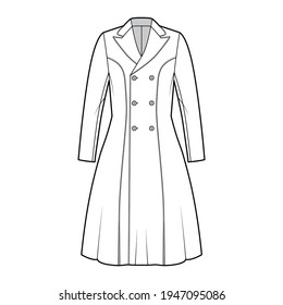 Princess line coat technical fashion illustration with double breasted, fitted body, peak lapel collar, knee length. Flat jacket template front, white color style. Women, men, unisex top CAD mockup