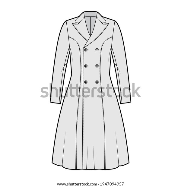 Princess line coat technical fashion illustration\
with double breasted, fitted body, long sleeves, peak lapel collar,\
knee length. Flat jacket template front, grey color style. Women,\
men, CAD mockup
