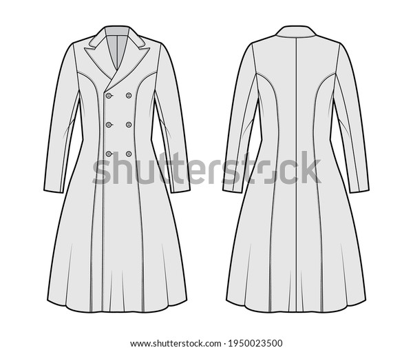 Princess line coat technical fashion illustration\
with double breasted, long sleeves, peak lapel collar, knee length.\
Flat jacket template front, back, grey color style. Women, men,\
unisex CAD mockup
