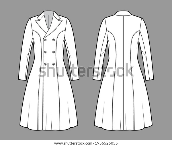 Princess line coat technical fashion illustration\
with double breasted, fitted body, long sleeves, peak lapel collar.\
Flat jacket template front, back, white color style. Women, men,\
unisex CAD mockup