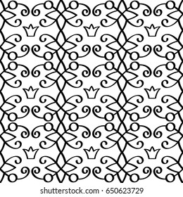 Princess linear black pattern with swirls and crowns on white background. Vector illustration