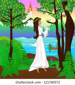 Princess listens to the bird singing in the forest