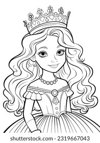 Princess little girl line art for coloring book page isolated. Princess with pretty dress and crown. outlines.