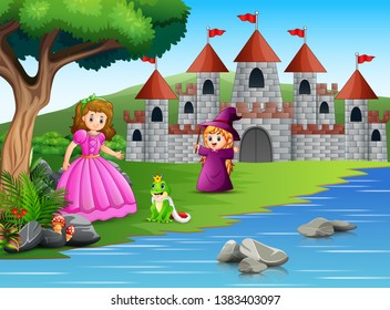 Princess, little witch and a frog prince on the nature