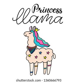 Princess llama lettering vector illustration in flat style. Design elements for children clothes, baby nursery design, poster, birthday greeting card, party invitation, sale banner. EPS10