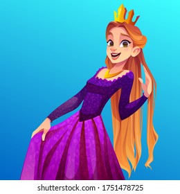 Princess with long hair. Cute girl in vintage dress and gold crown. Vector cartoon illustration of happy young woman in queen costume.