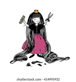 Princess with long hair has cut bangs. Hand drawing isolated objects on white background. Vector illustration. 