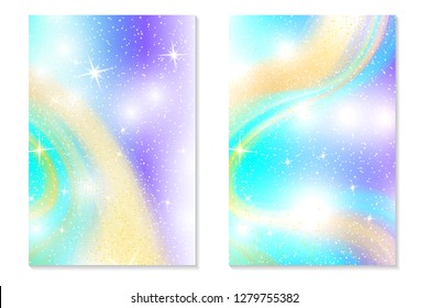 Princess magic background. Holographic sky inpastel color. Magic unicorn hologram. Bright mermaid pattern in princess colors. Vector illustration. Unicorn Fantasy gradient colorful backdrop.