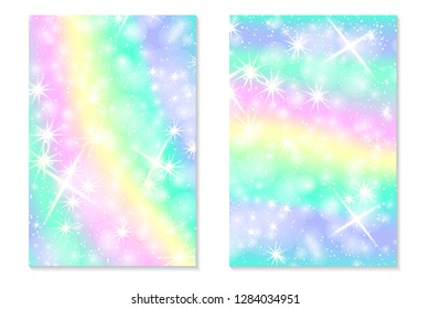 Princess magic background. Holographic sky in pastel color. Magic unicorn hologram. Mermaid pattern in princess colors. Vector illustration. Unicorn Fantasy gradient colorful backdrop with rainbow.