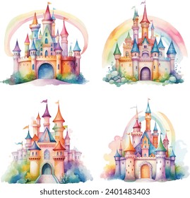 princess magic castle with floral. Floral watercolor fairytale castle. Kids illustration. watercolor castle painting illustration. Isolated on white.