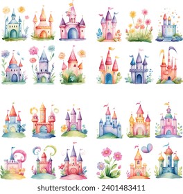 princess magic castle with floral. Floral watercolor fairytale castle. Kids illustration. watercolor castle painting illustration. Isolated on white.