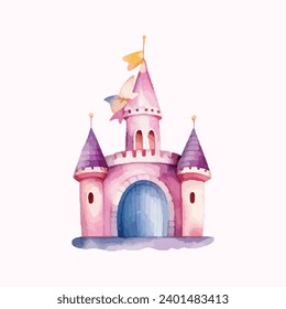 princess magic castle with floral. Floral watercolor fairytale castle. Kids illustration. watercolor castle painting illustration. Isolated on white.