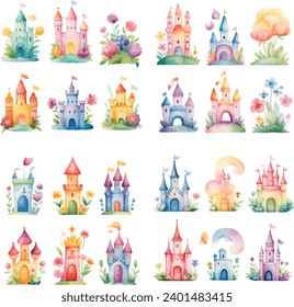 princess magic castle with floral. Floral watercolor fairytale castle. Kids illustration. watercolor castle painting illustration. Isolated on white.