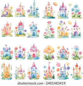 princess magic castle with floral. Floral watercolor fairytale castle. Kids illustration. watercolor castle painting illustration. Isolated on white.