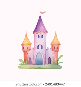 princess magic castle with floral. Floral watercolor fairytale castle. Kids illustration. watercolor castle painting illustration. Isolated on white.