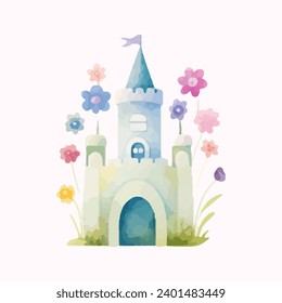 princess magic castle with floral. Floral watercolor fairytale castle. Kids illustration. watercolor castle painting illustration. Isolated on white.