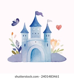 princess magic castle with floral. Floral watercolor fairytale castle. Kids illustration. watercolor castle painting illustration. Isolated on white.