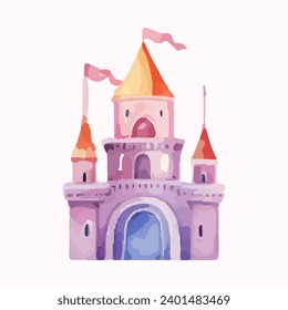 princess magic castle with floral. Floral watercolor fairytale castle. Kids illustration. watercolor castle painting illustration. Isolated on white.