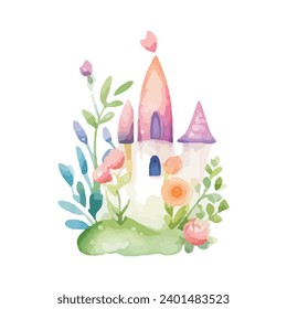 princess magic castle with floral. Floral watercolor fairytale castle. Kids illustration. watercolor castle painting illustration. Isolated on white.