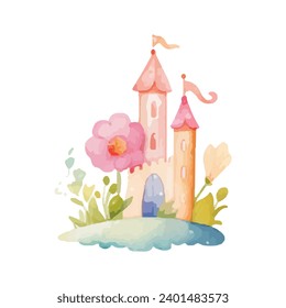 princess magic castle with floral. Floral watercolor fairytale castle. Kids illustration. watercolor castle painting illustration. Isolated on white.