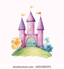 princess magic castle with floral. Floral watercolor fairytale castle. Kids illustration. watercolor castle painting illustration. Isolated on white.