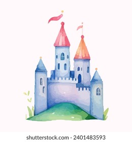 princess magic castle with floral. Floral watercolor fairytale castle. Kids illustration. watercolor castle painting illustration. Isolated on white.