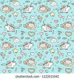 Princess magic dream world doodle pattern. Cute teen girls stuff, goods seamless background. Vector magical land baby fashion background. Digital clipart kit.