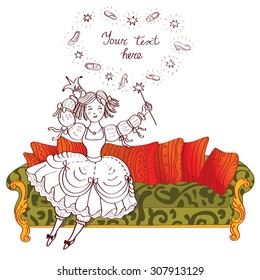 Princess with a magic wand on a bright sofa on a white background