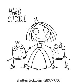 Princess Making Choice between Two Prince Frogs Coloring Page. Fun childish hand drawn outline illustration for kids fairy tale.