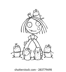 Princess and Many Prince Frogs Portrait Coloring Page. Fun childish hand drawn outline illustration for kids fairy tale.