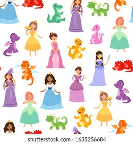 Princess and medieval girls and dragons seamless vector pattern. Fairytale girls princesses in colorful dresses and crowns with fanny baby dragons isolated on white background for textile for girls.