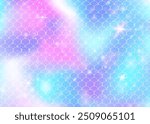 Princess mermaid background with kawaii rainbow scales pattern. Fish tail banner with magic sparkles and stars. Sea fantasy invitation for girlie party. Retro princess mermaid backdrop.