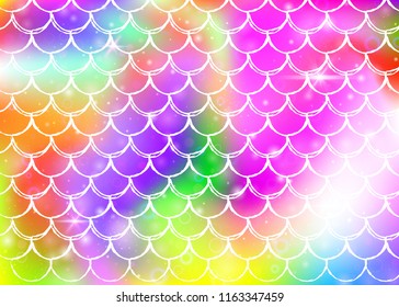 Princess mermaid background with kawaii rainbow scales pattern. Fish tail banner with magic sparkles and stars. Sea fantasy invitation for girlie party. Creative princess mermaid backdrop.