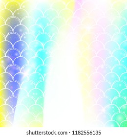 Princess mermaid background with kawaii rainbow scales pattern. Fish tail banner with magic sparkles and stars. Sea fantasy invitation for girlie party. Vibrant princess mermaid backdrop.