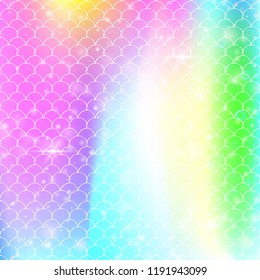 Princess mermaid background with kawaii rainbow scales pattern. Fish tail banner with magic sparkles and stars. Sea fantasy invitation for girlie party. Retro princess mermaid backdrop.