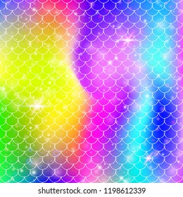 Princess mermaid background with kawaii rainbow scales pattern. Fish tail banner with magic sparkles and stars. Sea fantasy invitation for girlie party. Vibrant princess mermaid backdrop.